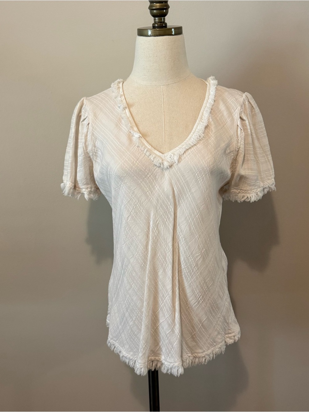 Maven West Cream Textured V-Neck Short Sleeve Top with Fringe